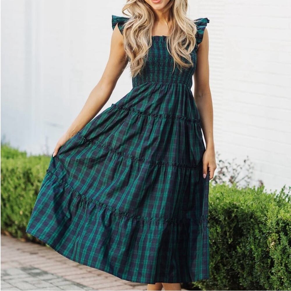 J. Marie Rayna Green Plaid Ruffle Strap Midi Dress